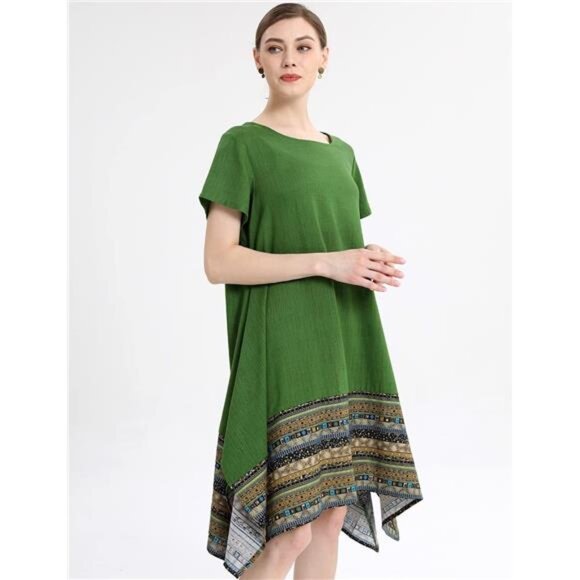 Women's Ethnic Cotton Linen Short/Long Sleeves Irregular Dress - Picture 11 of 14